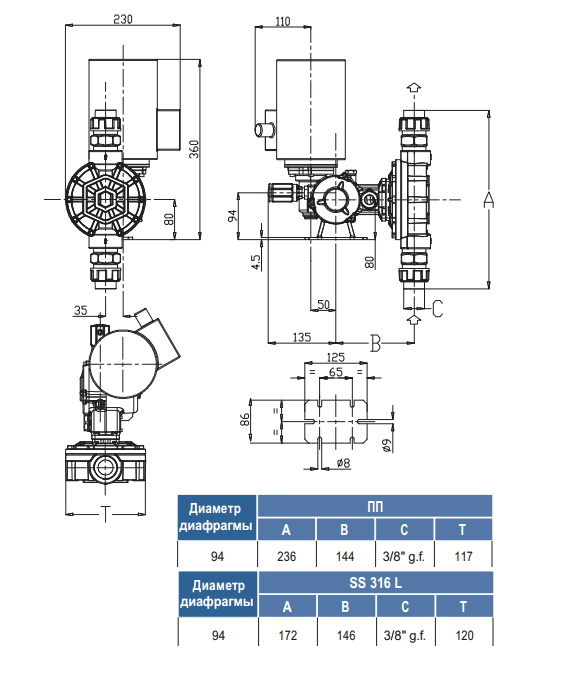 Габаритный чертеж насоса Seko Spring MS1A094B