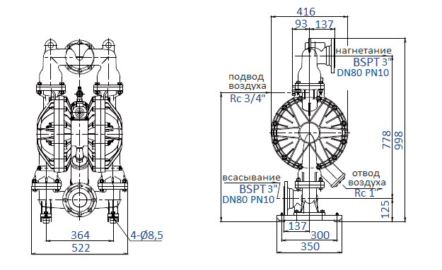Габаритный чертеж насоса Yamada NDP-80BAH