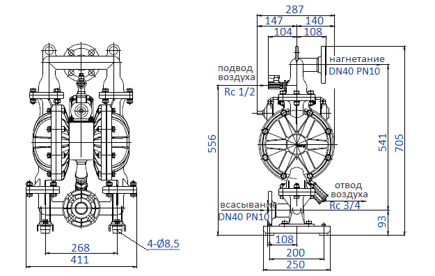 Габаритный чертеж насоса Yamada NDP-40BSS