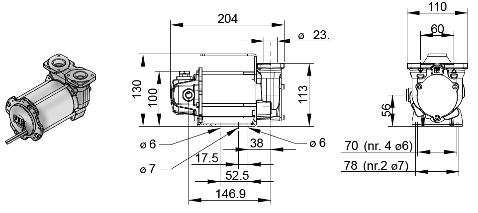 Габаритный чертеж насоса Piusi BY-PASS 3000 DC 24V / 12V