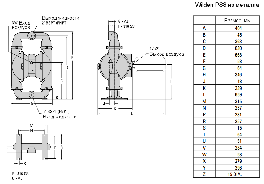 Габаритный чертеж насоса XPS8/AAAAA/TWS/TF/ATF/0014