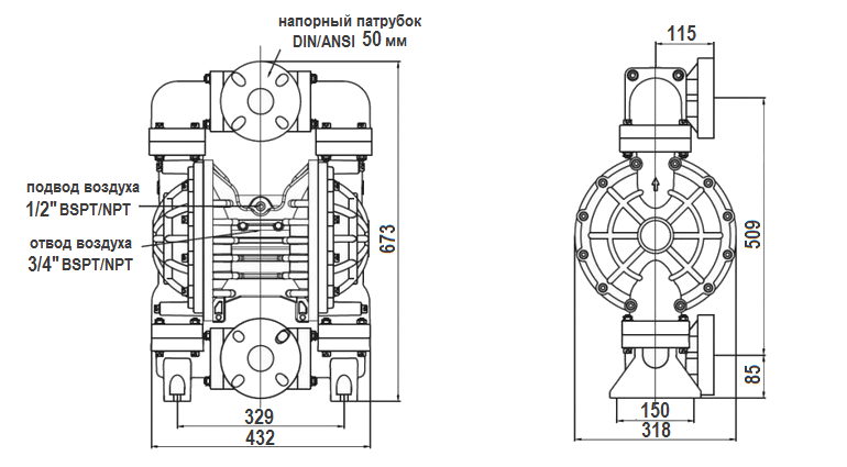 Габаритный чертеж насоса MK50PP-PP