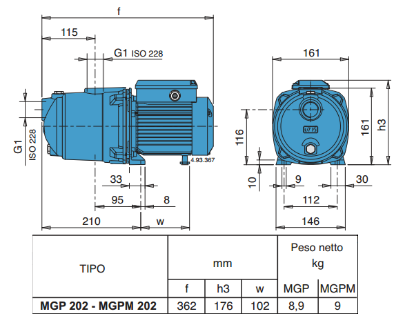 Габаритный чертеж насоса Calpeda MGP 202